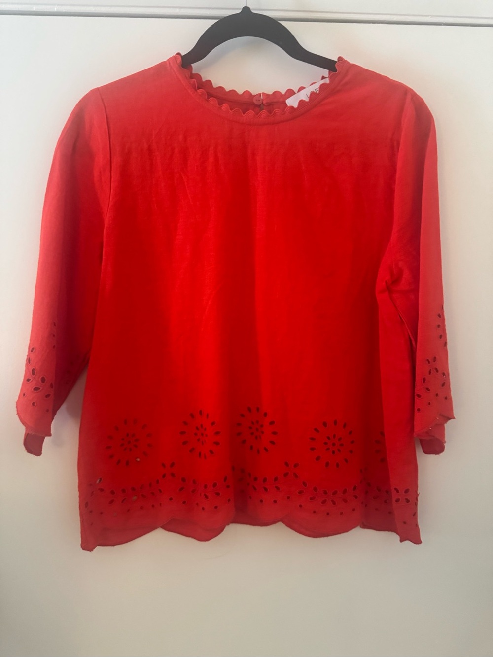LOFT Red Eyelet-Hem Scalloped Neck Blouse